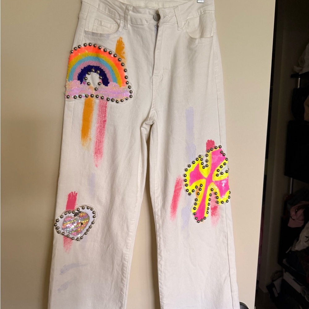 White Embellished Women's Straight Leg Jeans